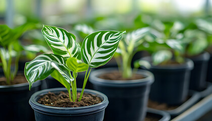 Close up photo of Alocasia Silver Dragon plants in pots. The plant has unique green and white patterned leaves. Perfect for modern interior or eco decor
