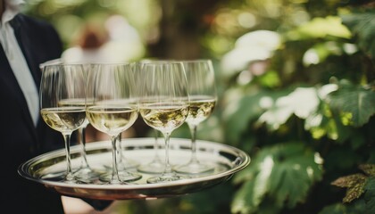 Elegant Outdoor Event: Close-Up Of Server Carrying Tray Of Chilled White Wine Glasses Amidst Greenery And Natural Surroundings.