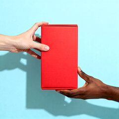 Hands Exchanging Red Package on Minimal Blue Background