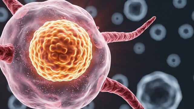 A detailed microscopic view of a cell with projections and a prominent nucleus shown clearly