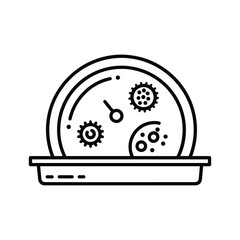 Outline icon of a scientific experiment or analysis with abstract gears, data points, and a gauge pointer.