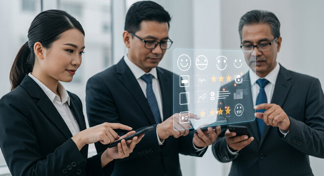 Dynamic business team collaborates, analyzing customer feedback and performance metrics on a futuristic holographic interface. - Powered by Adobe