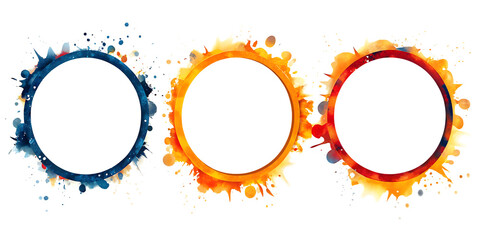 Three Circular Frames with Splattered Paint Effect on circles rings isolated on a transparent background