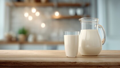 Fresh Milk In A Glass And Jug Set On Wooden Table With Kitchen Background. Ideal For Product Display. Space For Showcasing Items.