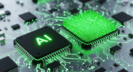 A close up of a circuit board with an ai chip and green glowing connections and components visible