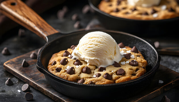Skillet chocolate chip cookie topped with vanilla ice cream. Dessert baked in cast iron pan. Sweet homemade treat for dinner or celebration event