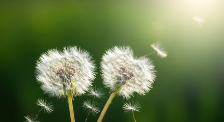 Obraz premium Two fluffy dandelions blowing seeds in the wind isolated on white background