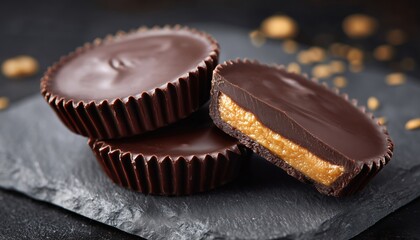 Closeup View Of Peanut Butter Cups, A Delicious Chocolate Dessert, Against A Black Background. Rich And Indulgent Treat For All Occasions.