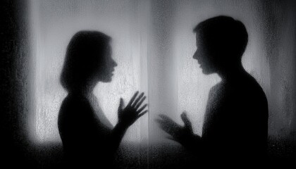 Silhouette Of A Quarreling Couple Behind Frosted Glass: Emotional Gestures In A Heated Argument Between A Man And A Woman