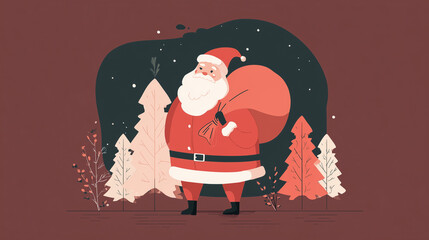 Festive illustration of Santa Claus offering a wrapped gift, surrounded by winter scenery and holiday details, perfect for seasonal promotions and Christmas content