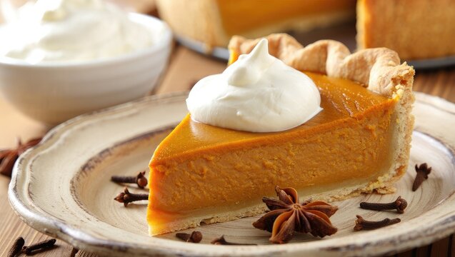 Slice of pumpkin pie with whipped cream and spices