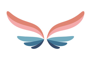 Obraz premium Stylized wings with pink and blue feathers on a white background.