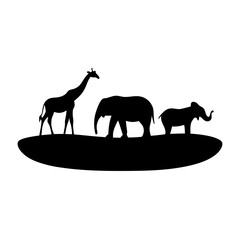 African Animals Silhouette Giraffe, Elephant, and Baby Elephant on Grassy Knoll