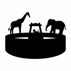 Black and white silhouette of animals around a structure on a surface