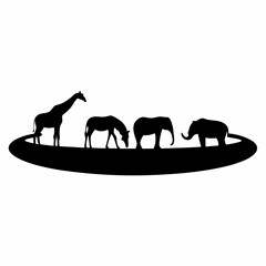 Silhouette of African animals gathered around waterhole during a monochromatic sunset