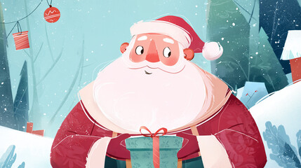 A cheerful Santa Claus illustration holding a gift in a snowy winter landscape, festive colors and warm holiday vibes perfect for Christmas designs and seasonal content