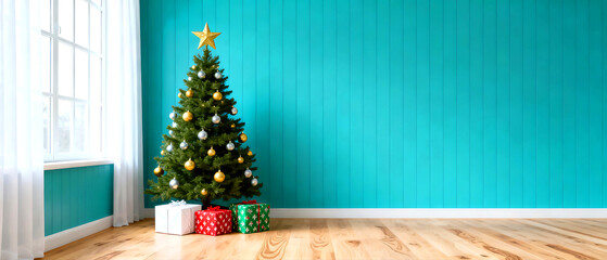 Celebrate the holidays with this festive Christmas scene featuring a beautifully decorated tree and colorful wrapped presents