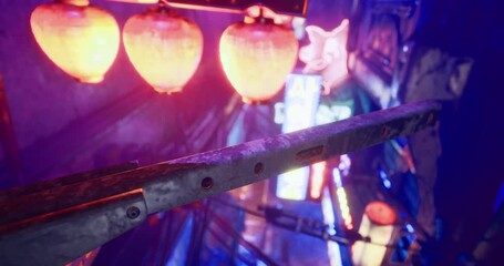 Colorful lanterns hang above a bustling street filled with neon lights. The atmosphere captures the energy of a vibrant night market, alive with activity and excitement in an urban setting.