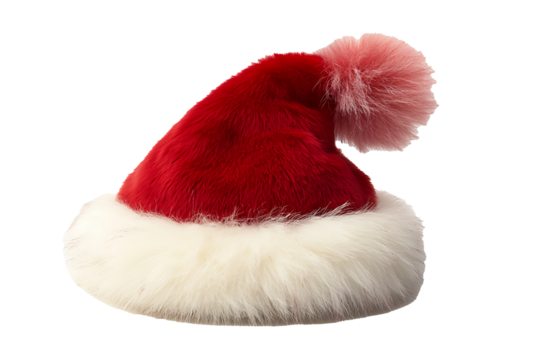 Jolly Santa hat with soft fur brim and pompom tip isolated on a clean transparent background 