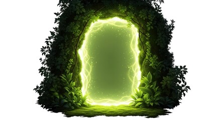 Glowing mystical portal surrounded by dark foliage isolated on white background