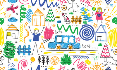 Child Doodle Drawing Vector Seamless Illustration
