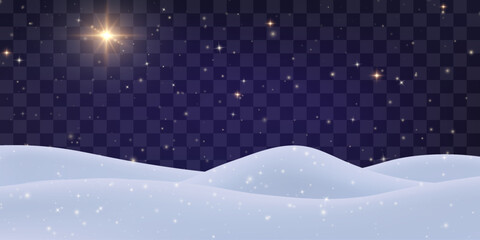 Vector Christmas night png. Night snowdrifts with stary sky on transparent background. Snow night landscape stars, frozen hills with snowbanks texture.