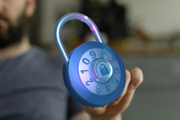 A close-up of a hand holding a glowing digital lock. Illustrates concepts like security, privacy, and data prot