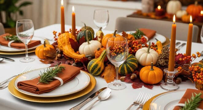 Thanksgiving table setting with pumpkins gourds and candles