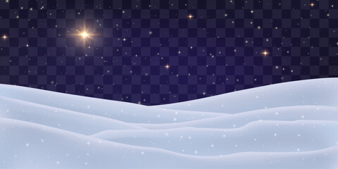 Vector Christmas night png. Night snowdrifts with stary sky on transparent background. Snow night landscape stars, frozen hills with snowbanks texture.