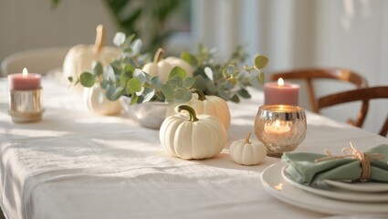 White pumpkins and eucalyptus centerpiece on a linen tablecloth