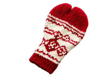 Knitted Christmas mitten with red and white pattern isolated on transparent background 