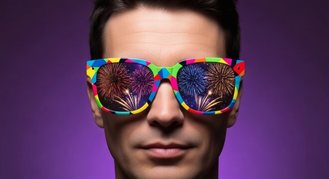 Man wearing colorful glasses with fireworks reflected in the lenses - Powered by Adobe