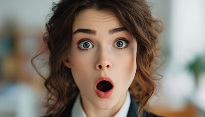 Portrait Of A Astonished Female Manager Expressing Surprise And Shock With Wide Eyes And Open Mouth In A Library Or Office Setting.