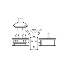 AI smart kitchen sensor with Wi-Fi monitoring a stove, a minimalist line art icon.