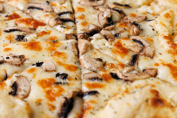 Gourmet Mushroom Cheese Pizza On Circular Wooden Board