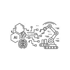Detailed Line Art Illustration of Robotic Arm and AI Brain Connection.