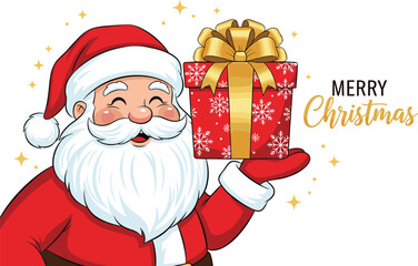 Cute smiling Santa Claus holding festive Christmas gift box with golden ribbon, joyful holiday greeting illustration perfect for winter celebration