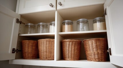 Fototapeta premium Countertop filled with jars, utensils, and decorative objects, creating a warm and inviting kitchen atmosphere that showcases organization