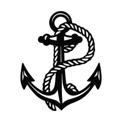 Nautical Anchor with Rope Black and White Icon