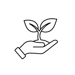 Line art illustration of a hand holding a small plant with two leaves.