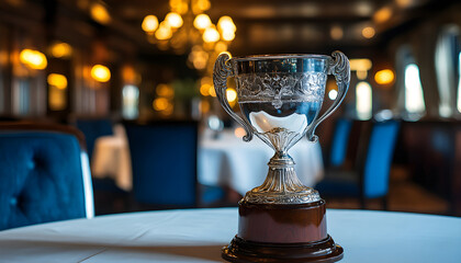 Elegant silver trophy rests on wooden table in refined restaurant. Background shows dining tables set for upscale celebration, award ceremony, culinary recognition, or fine dining excellence