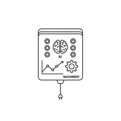 Line art icon of an AI machinery control panel with brain, graph, and gear symbols.