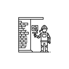 Line Art Illustration of a Construction Worker Plastering a Wall with Tools.