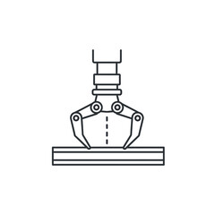 Industrial robotic arm with a mechanical gripper, a simple black line art icon for automation and manufacturing.