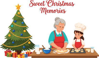 Grandmother and child baking Christmas cookies together beside decorated Christmas tree creating heartwarming festive holiday memories in cozy seasonal family kitchen scene