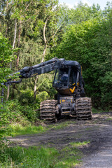 A large black and yellow machine is driving through a forest