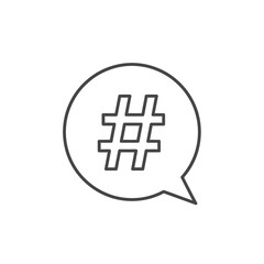 Minimalist black line art icon of a hashtag symbol inside a circular speech bubble.