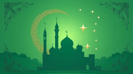 Illustration of a mosque silhouette with domes and minarets in a green gradient background, decorated with crescent moons, glowing stars, and elegant calligraphic ornaments