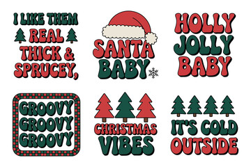 A collection of six retro-style Christmas themed graphic elements with festive phrases and holiday imagery for design.