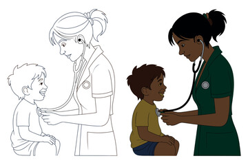 A doctor uses a stethoscope to examine a young child's chest during a medical check-up.